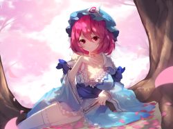 Rule 34 | 1girl, breasts, cherry blossoms, chiroru (cheese-roll), cleavage, closed mouth, garter straps, hand fan, hat, highres, long sleeves, looking at viewer, medium breasts, petals, pink hair, red eyes, saigyouji yuyuko, short hair, smile, solo, thighhighs, touhou, tree, triangular headpiece, white thighhighs, wide sleeves