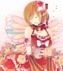 Rule 34 | 1girl, akiyoshi (tama-pete), bare shoulders, brooch, brown hair, butterfly wings, choker, detached sleeves, dress, flower, hair flower, hair ornament, headset, insect wings, jewelry, meiko (vocaloid), music, necklace, short hair, singing, vocaloid, wings