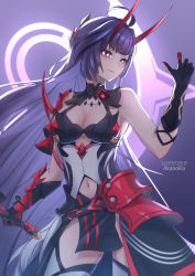 Rule 34 | 1girl, absurdres, akanora, antenna hair, armor, bare shoulders, black gloves, breasts, cleavage, clip studio paint (medium), closed mouth, gauntlets, gloves, glowing, hair between eyes, highres, holding, holding sword, holding weapon, honkai (series), honkai impact 3rd, horns, japanese armor, katana, long hair, looking to the side, navel, purple eyes, purple hair, raiden mei, raiden mei (herrscher of thunder), single gauntlet, solo, sword, thighhighs, weapon, white thighhighs