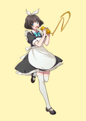 Rule 34 | 1girl, :d, alternate costume, apron, black dress, black footwear, black hair, blue bow, blue eyes, bow, brown background, collared dress, copyright request, dress, enmaided, frilled apron, frills, full body, hair ribbon, hairband, highres, holding, kazuharu kina, looking at viewer, maid, maid apron, maid headdress, mustard, open mouth, puffy short sleeves, puffy sleeves, ribbon, shoes, short hair, short sleeves, simple background, smile, solo, standing, standing on one leg, teeth, thighhighs, twitter username, upper teeth only, virtual youtuber, white apron, white hairband, white ribbon, white thighhighs