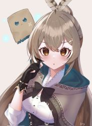 Rule 34 | :o, ahoge, brown capelet, brown cloak, brown corset, brown eyes, brown hair, cape, capelet, cloak, corset, feather hair ornament, feathers, friend (nanashi mumei), gloves, hair ornament, hairclip, hieroglyphics, highres, hololive, hololive english, icy artzy, long hair, looking at viewer, multicolored hair, nanashi mumei, open mouth, partially fingerless gloves, ponytail, ribbon, runes, shirt, streaked hair, very long hair, virtual youtuber, white shirt