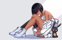 Rule 34 | 1girl, bare shoulders, black hair, black thighhighs, blush, breasts, choker, closed mouth, dark-skinned female, dark skin, egyptian, from side, full body, halterneck, knees up, looking at viewer, looking to the side, medium breasts, multicolored hair, off shoulder, original, quibi-chan, short hair, single thighhigh, sitting, smile, solo, spider apple, streaked hair, stuffed animal, stuffed rabbit, stuffed toy, thighhighs, yellow eyes