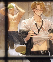 Rule 34 | 2boys, abs, belt, black belt, black pants, blonde hair, blush, bulge, cigarette, clothes pull, earrings, green hair, hair over one eye, jewelry, long sideburns, looking at another, male focus, multiple boys, navel, necktie, nipples, one piece, pants, pectoral cleavage, pectorals, pulling own clothes, roronoa zoro, runa (nori31291404), sanji (one piece), scar, scar on chest, shirt, shirt pull, short hair, sideburns, single earring, stomach, toned, toned male, topless male, towel, undressing, wet, wet clothes, wet shirt, white shirt, wiping hair, yaoi