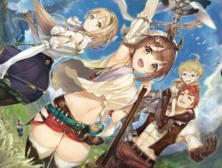 Rule 34 | 2boys, 2girls, :d, abs, ahoge, animal, arm up, armor, armpits, atelier (series), atelier ryza, atelier ryza 1, belt, beret, bird, blonde hair, blue eyes, blue skirt, blue sky, boots, braid, breasts, brown eyes, brown footwear, brown gloves, brown hair, carrying, cloud, cloudy sky, commentary, crop top, cruel gz, day, detached sleeves, elbow gloves, fisheye, flask, floating hair, flock, gauntlets, glasses, gloves, grass, green eyes, hair ornament, hairclip, hat, highres, holding, holding staff, klaudia valentz, knee boots, large breasts, lent marslink, long hair, looking at viewer, midriff, multiple boys, multiple girls, navel, open mouth, orange eyes, outdoors, pants, pantyhose, partially fingerless gloves, pauldrons, red hair, red pants, red shorts, reisalin stout, round eyewear, shirt, short hair, short shorts, shorts, shoulder armor, sidelocks, single pauldron, skirt, sky, smile, staff, stomach, tao mongarten, test tube, thigh boots, thighhighs, thighs, tower, vest, white gloves, white headwear, white shirt