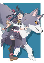 Rule 34 | 1girl, :d, absurdres, black feathers, black thighhighs, blue hair, boots, border, bow, brown footwear, cape, dog, earrings, feather hair ornament, feathers, genjitsu no yohane, grey cape, grey skirt, hair ornament, hairband, heart, heart earrings, highres, jewelry, lailaps (genjitsu no yohane), looking at viewer, love live!, love live! sunshine!!, miniskirt, open mouth, orange eyes, pink bow, pleated skirt, red eyes, red feathers, shirt, short hair, short sleeves, skirt, smile, thighhighs, vorupi, white border, white feathers, white shirt, yohane (genjitsu no yohane), zettai ryouiki