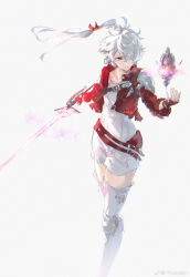 Rule 34 | 1girl, absurdres, ahoge, alisaie leveilleur, armor, boots, chinese commentary, collarbone, commentary request, cropped jacket, earclip, elezen, elf, feet out of frame, final fantasy, final fantasy xiv, fingerless gloves, floating, floating hair, floating object, floating weapon, gloves, hair over one eye, hair ribbon, highres, holding, holding sword, holding weapon, jacket, knee pads, long hair, one eye covered, parted lips, pauldrons, pointy ears, ponytail, purple eyes, red gloves, red jacket, red mage (final fantasy), ribbon, romper, serious, shoulder armor, shoulder belt, simple background, single pauldron, sketch, solo, standing, sword, thigh boots, weapon, weibo logo, weibo watermark, white background, white footwear, white hair, white romper, yumuto (spring1786)