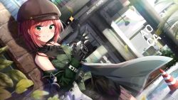 Rule 34 | 1girl, aogiri koukou, bare shoulders, belt, belt buckle, black belt, black dress, black gloves, blurry, blurry background, blush, brown hat, buckle, cabbie hat, camera, commentary, day, depth of field, dress, dutch angle, glint, gloves, green eyes, green jacket, green vest, grin, hair between eyes, hat, highres, holding, holding camera, ishikari akari, jacket, kuria (clear trip second), looking at viewer, off shoulder, open clothes, open jacket, outdoors, red hair, revision, sleeveless, sleeveless dress, smile, solo, sparkle, storefront, symbol-only commentary, traffic cone, vest, virtual youtuber