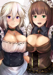 Rule 34 | 2girls, asymmetrical docking, black collar, blunt bangs, blush, breast press, breasts, brown hair, cleavage, closed mouth, collar, corset, dress, frilled dress, frills, gem, hair between eyes, jewelry, kanzaki kureha, large breasts, long hair, looking at viewer, maid, maid headdress, multiple girls, necklace, o-ring, o-ring top, open mouth, original, puffy short sleeves, puffy sleeves, ribbon-trimmed dress, short sleeves, side-by-side, silver hair, smile