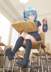 Rule 34 | 1girl, absurdres, alternate costume, andy2465, black footwear, black serafuku, black socks, blue hair, blurry, blurry background, blush, classroom, commentary request, feet, foot focus, full body, hair between eyes, hair ribbon, hand up, highres, holding, hololive, hoshimachi suisei, kneehighs, knees together feet apart, legs, loafers, long hair, looking at viewer, miniskirt, no shoes, open mouth, photo background, pleated skirt, ribbon, school uniform, serafuku, shadow, shoes, unworn shoes, side ponytail, sidelocks, sitting, skirt, socks, soles, solo, thighs, virtual youtuber