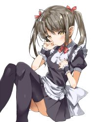 Rule 34 | 1girl, apron, atage, black thighhighs, blush, brown hair, finger to mouth, hair ribbon, long hair, looking at viewer, maid, maid apron, original, ribbon, sitting, solo, thighhighs, twintails, wrist cuffs, yellow eyes