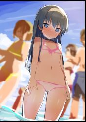 Rule 34 | 2boys, 2girls, asashio (kancolle), bikini, black hair, blue eyes, blurry, blush, bodypaint, caburi, day, depth of field, highres, kantai collection, long hair, looking at viewer, multiple boys, multiple girls, navel, ocean, outdoors, painted clothes, partially submerged, solo focus, swimsuit, water