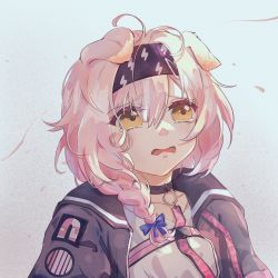 Rule 34 | 1girl, animal ears, arknights, black choker, black hairband, blue bow, bow, braid, cat ears, choker, commentary request, crying, goldenglow (arknights), hair between eyes, hair bow, hairband, highres, jacket, lightning bolt print, open clothes, open jacket, open mouth, pink hair, rcc, shirt, short hair, single braid, solo, tears, upper body, white shirt, yellow eyes