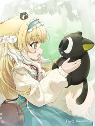 Rule 34 | 1girl, :d, animal, arknights, bag, black cat, blonde hair, blue hairband, blue skirt, cat, commentary request, from side, green eyes, hairband, highres, holding, holding animal, jacket, long hair, long sleeves, luo xiaohei, official alternate costume, open mouth, profile, skirt, sleepyowl (jobkung15), smile, suzuran (arknights), suzuran (spring praise) (arknights), luo xiaohei zhanji, upper body, very long hair, white jacket