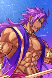 Rule 34 | 1boy, abs, bara, bare pectorals, bhima (fate), collarbone, dark-skinned male, dark skin, fate/grand order, fate (series), highres, holding, holding weapon, long hair, looking to the side, male focus, muscular, muscular male, pectorals, purple eyes, purple hair, purple vest, simple background, smile, solo, twitter username, upper body, vest, weapon, yaekaidou