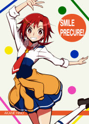 Rule 34 | 10s, 1girl, arm up, blush, character name, clothes around waist, copyright name, eyelashes, grin, hair ornament, hairclip, hino akane (smile precure!), loafers, necktie, precure, red eyes, red hair, red necktie, school uniform, shirono, shoes, short hair, sleeves rolled up, smile, smile precure!, solo, sweater, sweater around waist