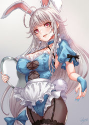 Rule 34 | 1girl, animal ears, apron, black pantyhose, blue bow, blue leotard, blue nails, blush, bow, breasts, commentary, commentary request, cowboy shot, earrings, fake animal ears, garter straps, grey background, grey hair, hair bow, hair ornament, hairband, highres, jewelry, large breasts, leotard, long hair, looking at viewer, nail polish, o-ring, original, pantyhose, parted lips, playboy bunny, rabbit ears, red eyes, sakiyamama, short sleeves, signature, simple background, smile, solo, thick eyebrows, tray, white apron, white hairband