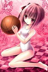 Rule 34 | 10s, 1girl, :o, absurdres, ball, barefoot, basketball, basketball (object), brown hair, checkered floor, collarbone, feet, hair ribbon, highres, holding, kneeling, minato tomoka, one-piece swimsuit, one side up, pink background, red eyes, red ribbon, ribbon, rou-kyuu-bu!, scan, school swimsuit, short hair, sitting, solo, swimsuit, tinker bell (pixiv 10956015), wariza, white one-piece swimsuit, white school swimsuit