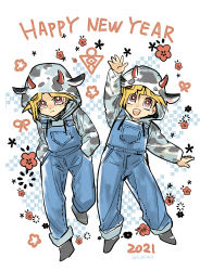 Rule 34 | 2021, 2boys, :d, animal ears, animal print, blonde hair, bright pupils, brown eyes, closed mouth, commentary request, cow ears, cow print, fake horns, fushitasu, grey footwear, hands in pockets, happy new year, hood, hood up, hoodie, horns, long sleeves, male focus, multiple boys, muto yugi, new year, open mouth, overalls, shoes, smile, teeth, upper teeth only, white pupils, yami yugi, yu-gi-oh!, yu-gi-oh! duel monsters