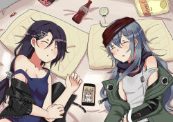 Rule 34 | absurdres, arm across waist, azur lane, bare shoulders, black hair, blue shirt, bottle, breasts, buckle, candy, cassin (azur lane), cassin (retrofit) (azur lane), cellphone, cleavage, closed eyes, clothing cutout, coat, collarbone, food, g11 (girls&#039; frontline), girls&#039; frontline, hair between eyes, hair ornament, hairclip, handheld game console, hat, highres, jacket, lollipop, long hair, low ponytail, lying, messy hair, mole, mole under eye, multiple girls, off shoulder, open clothes, open mouth, phone, pillow, scarf, scarf on head, shirt, shoulder cutout, sidelocks, silver hair, sleeping, small breasts, smartphone, strap, tank top, very long hair, white shirt, yonrabbit, zipper