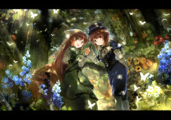 Rule 34 | 00s, 2girls, asuka shirou, bug, butterfly, corset, dappled sunlight, dress, flower, green dress, hat, heterochromia, holding hands, insect, letterboxed, long sleeves, looking at viewer, multiple girls, open mouth, pants, rozen maiden, shirt, smile, souseiseki, suiseiseki, sunlight