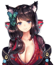 Rule 34 | 1girl, animal ears, azur lane, bad id, bad pixiv id, black hair, blue eyes, bow, breasts, butterfly hair ornament, cat ears, cleavage, closed mouth, fusou (azur lane), hair bow, hair ornament, hair over shoulder, japanese clothes, kimono, large breasts, long hair, looking at viewer, red ribbon, ribbon, simple background, smile, solo, tsukiriran, upper body, white background