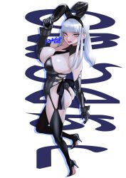 Rule 34 | 1girl, absurdres, animal ears, ass, bare shoulders, between breasts, black gloves, black thighhighs, blue eyes, breasts, detached collar, elbow gloves, fake animal ears, final fantasy, final fantasy xiv, gloves, grey hair, high heels, highres, huge breasts, leotard, lips, long hair, looking at viewer, necktie, necktie between breasts, omega-f, omega (final fantasy), ooshima ryou, playboy bunny, ponytail, rabbit ears, rabbit tail, solo, strapless, strapless leotard, tail, thighhighs