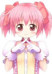 Rule 34 | 1girl, blush, bow, buttons, chest jewel, choker, closed mouth, commentary request, crossed fingers, dress, emurin, flat chest, gloves, hair bow, kaname madoka, magical girl, mahou shoujo madoka magica, mahou shoujo madoka magica (anime), multiple hair bows, pink bow, pink dress, pink eyes, pink gemstone, pink hair, puffy short sleeves, puffy sleeves, red choker, short hair, short sleeves, simple background, smile, solo, two side up, upper body, white background, white gloves, white sleeves