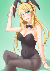 Rule 34 | 1girl, animal ears, anti (untea9), black bow, black bowtie, black leotard, black pantyhose, blonde hair, bow, bowtie, breasts, cleavage, commentary request, detached collar, fake animal ears, gradient background, green background, green eyes, highres, kantai collection, leotard, long hair, looking at viewer, medium breasts, nelson (kancolle), pantyhose, playboy bunny, rabbit ears, rabbit tail, sitting, solo, strapless, strapless leotard, tail, thighband pantyhose, wrist cuffs
