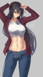 Rule 34 | 1girl, alternate costume, black hair, blue pants, breasts, crop top, denim, grey background, haruto (harut n), highres, jacket, jeans, kantai collection, large breasts, long hair, midriff, nagato (kancolle), one-hour drawing challenge, pants, red eyes, red jacket, solo, standing