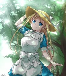 Rule 34 | 1girl, alice zuberg, apron, blue dress, bow, braid, braided ponytail, closed mouth, commentary request, day, dress, frilled apron, frills, hair bow, hand on headwear, hat, hat bow, highres, leaning to the side, long hair, looking at viewer, low ponytail, nogi lief, outdoors, short sleeves, sidelocks, signature, single braid, smile, solo, straw hat, sunlight, sword art online, tree, very long hair, white apron, white bow