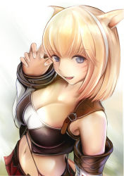 Rule 34 | 10s, 1girl, animal ears, bare shoulders, blonde hair, blue eyes, breasts, cat ears, cat girl, cleavage, crop top, detached sleeves, facial mark, fangs, female focus, final fantasy, final fantasy xiv, from above, kemonomimi mode, large breasts, looking at viewer, midriff, miqo&#039;te, nannacy7, perspective, pleated skirt, short hair, skirt, skirt set, slit pupils, solo, tail, warrior of light (ff14)