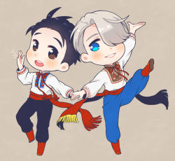 Rule 34 | 2boys, :d, black hair, blue eyes, brown eyes, hair over one eye, hair slicked back, holding hands, jewelry, katsuki yuuri, male focus, multiple boys, open mouth, pants, ring, ruei (chicking), russian clothes, sash, silver hair, slavic clothes, smile, sparkle, standing, standing on one leg, viktor nikiforov, yuri!!! on ice