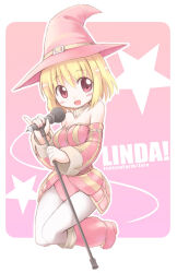 Rule 34 | 1girl, :d, bare shoulders, belt, blonde hair, blush, boots, brown belt, commentary request, copyright name, detached sleeves, dress, emurin, fantasy earth zero, full body, hair between eyes, hat, hat belt, jumping, looking at viewer, microphone, microphone stand, open mouth, pantyhose, pink background, pink dress, pink eyes, pink footwear, pink hat, pink sleeves, pink theme, pinky out, red eyes, short hair, smile, solo, star (symbol), strapless, strapless dress, white pantyhose, witch hat
