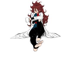 Rule 34 | 1girl, android 21, artist request, barefoot, blue eyes, brown hair, coffee mug, cup, dragon ball, dragon ball fighterz, earrings, feet, glasses, highres, jewelry, lab coat, long hair, mug, nail polish, ring, stirrup legwear, toeless legwear, toenail polish, toenails, white background
