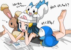 Rule 34 | 00s, 1girl, :d, arm support, bare legs, barefoot, beanie, bed, blue eyes, blue hair, book, buneary, creatures (company), dawn (pokemon), female focus, game freak, gen 4 pokemon, hainchu, hair ornament, hat, legs, long hair, looking at another, lying, nintendo, on stomach, open book, open mouth, pachirisu, piplup, pokemon, pokemon (anime), pokemon (creature), pokemon dppt, sitting, smile, standing