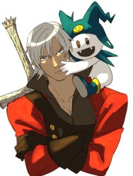 Rule 34 | 2boys, boots, closed mouth, collarbone, collared shirt, crossed arms, crossover, dante (devil may cry), devil may cry, devil may cry (series), devil may cry 2, fangs, frilled shirt collar, frills, gloves, hat, head tilt, hug, jack frost (megami tensei), jacket, long sleeves, looking at viewer, male focus, multiple boys, open clothes, open jacket, open mouth, popped collar, pspsno pan, red jacket, shin megami tensei, shin megami tensei iii: nocturne, shirt, short hair, simple background, sweatdrop, sword, sword behind back, upper body, weapon, white background
