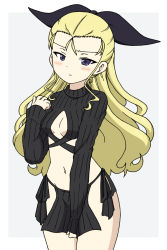 Rule 34 | 1girl, assam (girls und panzer), bikini, black ribbon, blonde hair, blue eyes, blush, breasts, closed mouth, commentary, cowboy shot, evolved virgin killer sweater, frown, girls und panzer, glaring, grey background, hair pulled back, hair ribbon, highres, ichinose jun, long hair, long sleeves, looking at viewer, meme attire, navel, outside border, pelvic curtain, ribbed sweater, ribbon, shrug (clothing), side-tie bikini bottom, skirt, skirt tug, small breasts, solo, standing, sweater, swimsuit