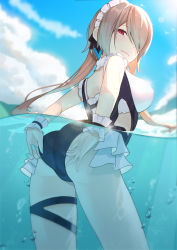 Rule 34 | 1girl, absurdres, adjusting clothes, adjusting swimsuit, arms behind back, ass, back, beach, blue nails, blue sky, breasts, brown hair, bubble, closed mouth, cloud, cloudy sky, frilled swimsuit, frills, hair over one eye, highres, honkai (series), honkai impact 3rd, long hair, looking at viewer, looking back, maid, maid headdress, mole, mole under eye, nail polish, one-piece swimsuit, purple eyes, rita rossweisse, rita rossweisse (phantom iron), sideboob, sky, smile, soaking feet, soaking hands, solo, swimsuit, sye-, twintails, water
