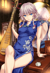Rule 34 | 1girl, backless dress, backless outfit, blue eyes, bracelet, braid, china dress, chinese clothes, closed mouth, commentary request, crossed legs, dress, earrings, floral print, hair ornament, half-closed eyes, high collar, highres, holding, holding instrument, instrument, izayoi sakuya, jewelry, lamp, leaning back, light frown, light particles, long dress, looking at viewer, mirror, monety, pipa (instrument), pocket watch, print dress, reflection, scar, scar on arm, short hair, short sleeves, side slit, silver hair, sitting, solo, sparkle, touhou, twin braids, watch