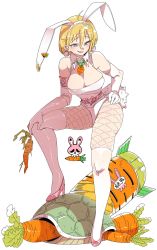 Rule 34 | 1girl, animal ears, blonde hair, blue eyes, breasts, carrot, carrot necklace, cleavage, copyright request, earrings, elbow gloves, fake animal ears, gloves, hairband, hand on own hip, hand on own knee, high heels, highres, jewelry, kafun, large breasts, necklace, oversized food, oversized object, pink footwear, rabbit ears, rabbit tail, simple background, skindentation, solo, tail, thighhighs, turtle shell, white background, white gloves, white hairband
