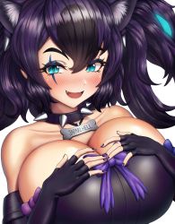 Rule 34 | 1girl, absurdres, alternate breast size, animal ear fluff, animal ears, aqua eyes, bare shoulders, big hair, black hair, blush, bone necklace, bow, breasts, cerberus (kemono friends), collar, collarbone, dog ears, elbow gloves, extra ears, eyelashes, eyeliner, fang, fingerless gloves, fingernails, gloves, glowing, glowing hair, hair between eyes, hand on own chest, hands up, highres, huge breasts, kemono friends, looking at viewer, makeup, multicolored hair, nail polish, neukkom, nose blush, open mouth, purple hair, purple nails, scar, scar across eye, scar on face, simple background, smile, solo, spiked collar, spikes, strapless, two-tone hair, two side up, upper body, white background