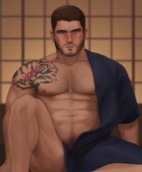 Rule 34 | 1boy, abs, arm tattoo, bara, black hair, blue kimono, blush, chris redfield, facial hair, gr goden, highres, japanese clothes, kimono, large pectorals, male focus, muscular, muscular male, navel, nipples, official alternate costume, pectorals, resident evil, resident evil 6, revealing clothes, short hair, solo, tattoo