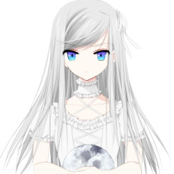 Rule 34 | 1girl, bad id, bad pixiv id, blue eyes, choker, closed mouth, collarbone, crossed arms, dress, fingernails, hair between eyes, hair ribbon, highres, long hair, looking at viewer, misteor, multicolored eyes, original, ribbon, short sleeves, solo, swept bangs, white background, white choker, white dress, white hair, white ribbon