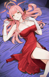 Rule 34 | 1girl, aru (blue archive), aru (dress) (blue archive), blue archive, blush, breasts, cleavage, demon horns, dress, earrings, gloves, gyunzai, halo, highres, horns, jewelry, large breasts, long hair, looking at viewer, lying, official alternate costume, on bed, pink hair, pink halo, red dress, solo, strapless, strapless dress, white gloves, yellow eyes