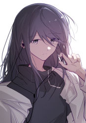 Rule 34 | 1girl, absurdres, black hair, black hoodie, close-up, earbuds, earphones, expressionless, eyes visible through hair, fingernails, flat chest, grey eyes, hand up, hibioes, highres, hood, hoodie, hoshino ichika (project sekai), jacket, jitome, long hair, looking at viewer, messy hair, open clothes, open jacket, parted lips, project sekai, sidelighting, simple background, solo, swept bangs, upper body, white background, white jacket, zipper