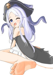 1girl absurdres azur_lane barefoot blue_eyes blue_hair dolphin_(azur_lane) from_behind hat highres long_hair looking_at_viewer looking_back one_eye_closed open_mouth pirate_hat simple_background sio_re sitting smile soles solo tentacle_hair tentacles toes wariza white_background