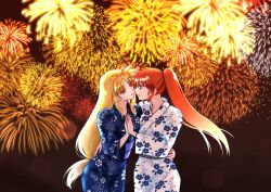 Rule 34 | 2girls, blonde hair, blue kimono, brown hair, couple, eye contact, face-to-face, facing another, fate testarossa, festival, fireworks, floral print, floral print kimono, holding hands, japanese clothes, kimono, leoheart, long hair, looking at another, lyrical nanoha, multiple girls, night, night sky, print kimono, red eyes, sky, summer festival, takamachi nanoha, white kimono, wife and wife, yukata, yuri