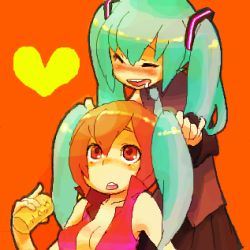 Rule 34 | 2girls, bare arms, bare shoulders, blush, breasts, brown hair, cleavage, closed eyes, drunk, german yajirobee, green hair, hatsune miku, heart, jaggy lines, long hair, lowres, meiko (vocaloid), multiple girls, necktie, no bra, oekaki, red background, red eyes, saliva, short hair, simple background, standing, twintails, vocaloid