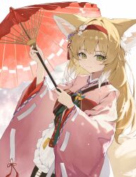 Rule 34 | 1girl, absurdres, animal ears, apron, arknights, blonde hair, closed mouth, colored tips, commentary request, flower, fox ears, fox girl, fox tail, green eyes, hair flower, hair ornament, hairband, highres, holding, holding umbrella, japanese clothes, kimono, long hair, long sleeves, looking at viewer, multicolored hair, nihnfinite8, official alternate costume, pink kimono, pinwheel, red hairband, red umbrella, solo, suzuran (arknights), suzuran (yukibare) (arknights), tail, two-tone hair, umbrella, upper body, white apron, white background, white hair