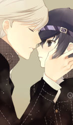 Rule 34 | 1boy, 1girl, atlus, blue eyes, blue hair, closed eyes, hand on another&#039;s face, hand on own face, hat, imminent kiss, narukami yuu, parted lips, persona, persona 4, profile, school uniform, seiru (prairie), shirogane naoto, short hair, simple background, upper body